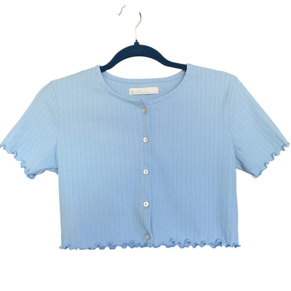 OAK + FORT Baby Blue Crooped Pointelle Mockneck Cardigan Top Sz S - Picture 1 of 6